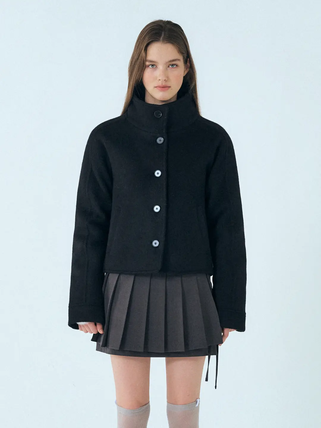 에트몽 Camel Hair High-Neck Coat, Black 상품 이미지 2