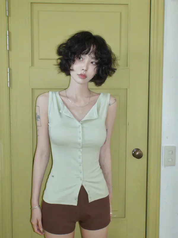Boat-Neck Button Sleeveless
