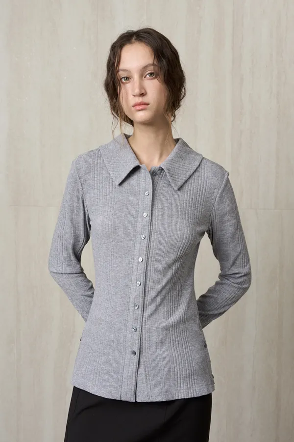 KNIT RIBBED SHIRT TOP MELANGE GRAY