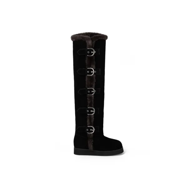 [11/11 예약배송] FUR-TRIMMED MULTI-BUCKLE THIGH-HIGH BOOTS / BLACK