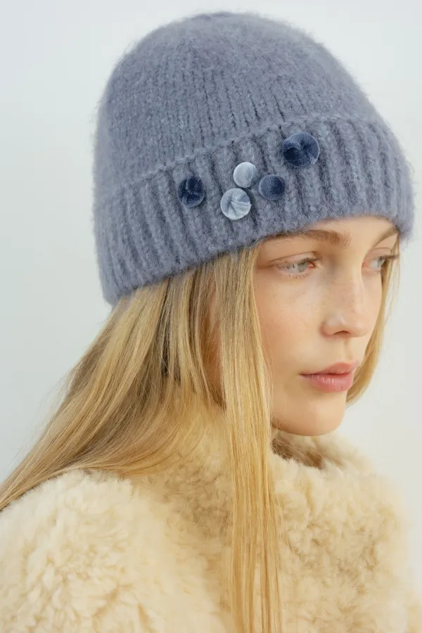 Velvet Button Beanie (Blue)