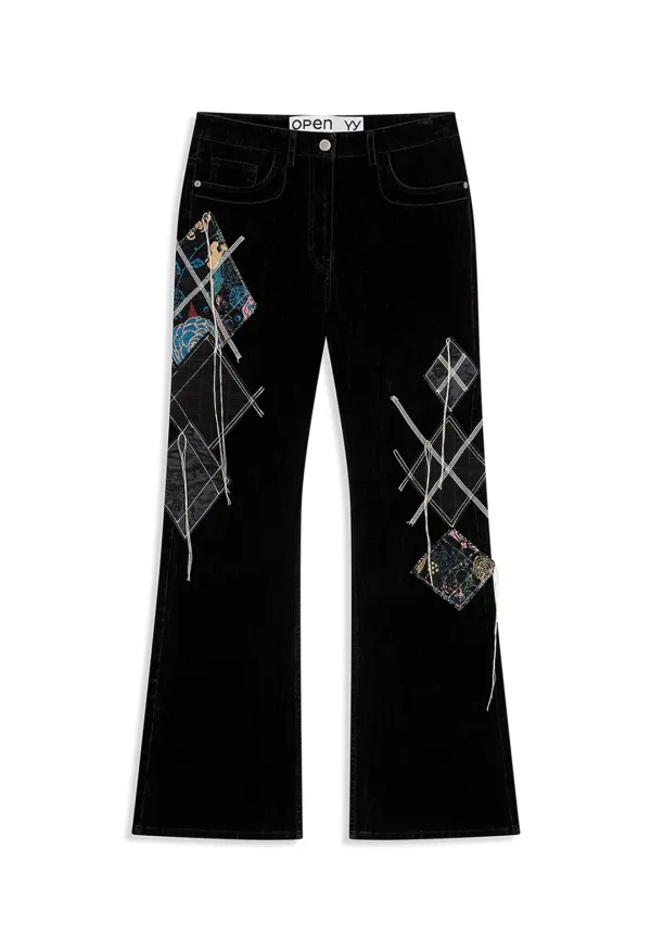 ARGYLE PATCHED BOOTSCUT PANTS, BLACK