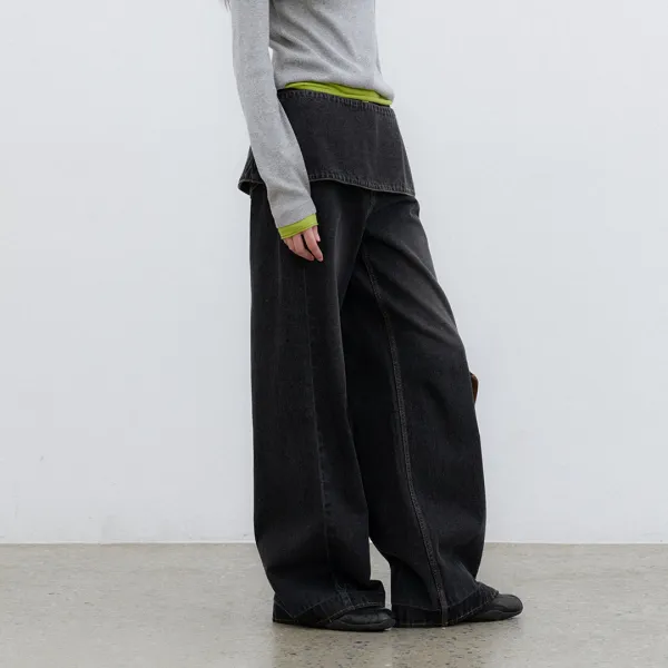 (PT-5810)LAYERED DENIM WIDE PANTS S
