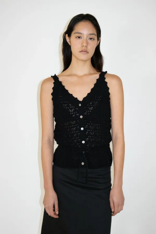 Crochet Button Knit Sleeveless (Black)