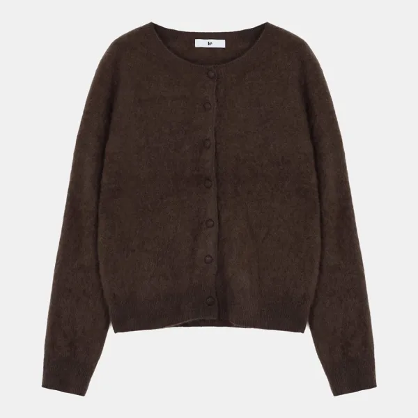 wool classic whole garment round neck cardigan (brown)