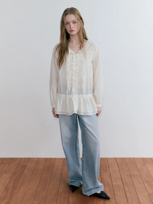 Pintuck String Frill Blouse, Ivory