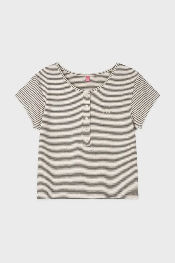 SN Henley Neck Stripe Cap Sleeved T-shirt (Ivory)