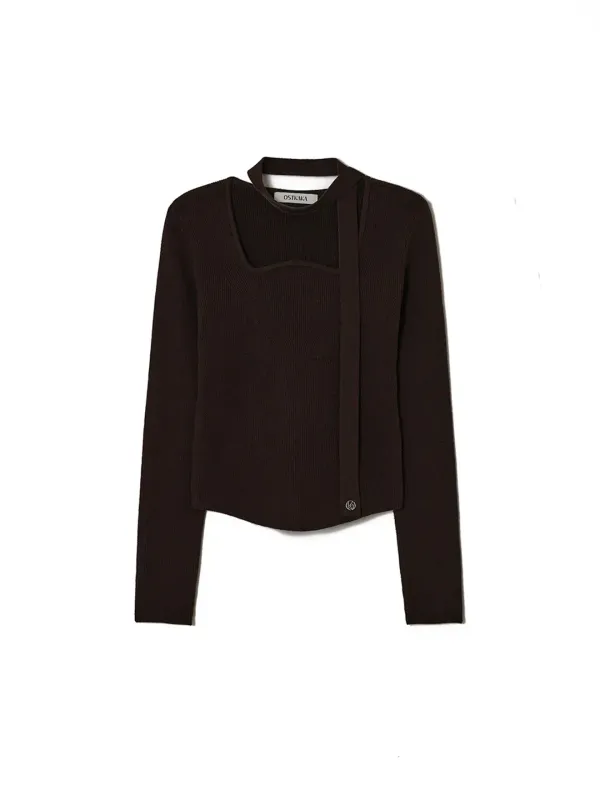 Wool Blended Wave Neck Pullover Brown