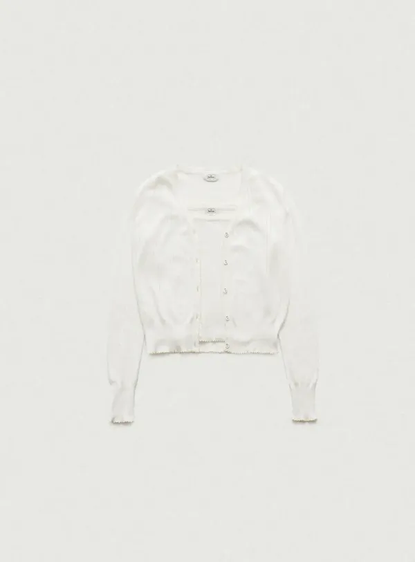Cotton Eyelet Knit Cardigan Ensemble With Sleeveless Top_Ivory