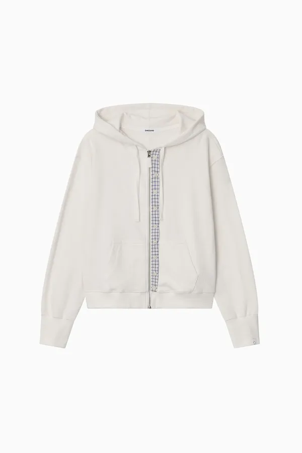 CHECK BUTTON DETAIL HOODED ZIP-UP, WHITE