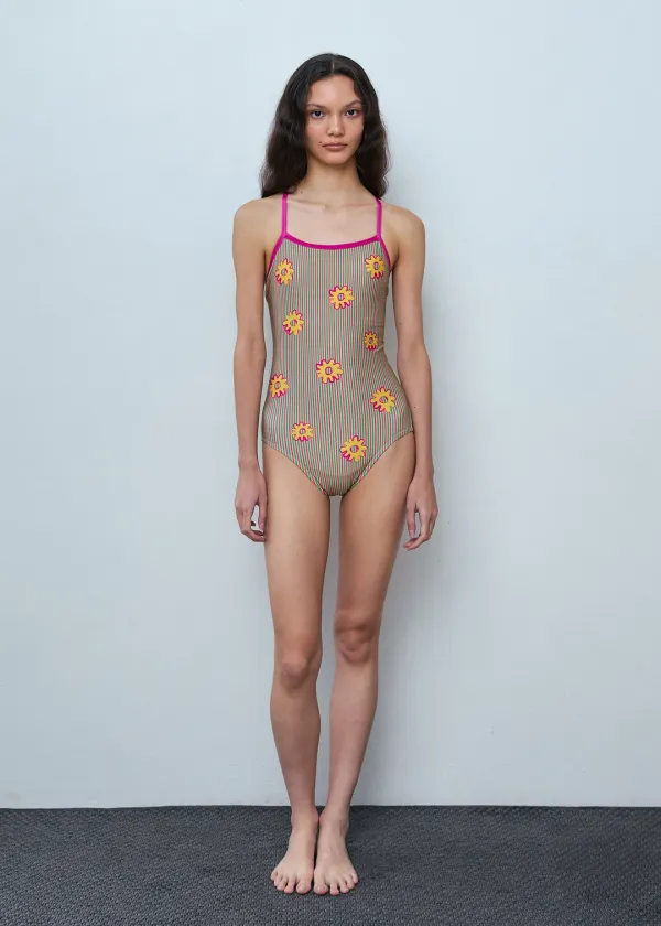 [Active] Flower Stripe One-Piece Swimsuit_Green