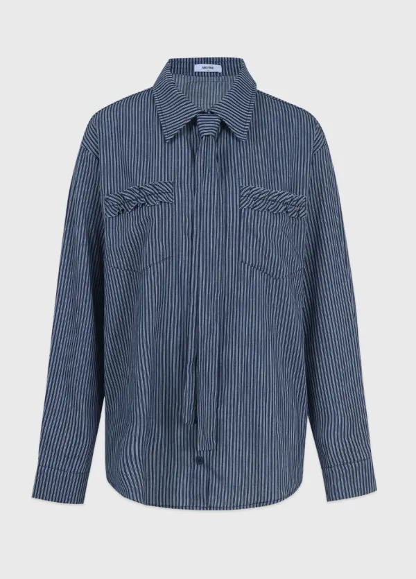  [44-120]  Milo Stripe Frill Shirt  마일로 스트라이프 프릴 셔츠 (가을-데일리룩-데이트룩-출근룩-오피스룩-프릴셔츠-스트라이프-오버핏-타이-허리끈-빅사이즈-자체제작) 