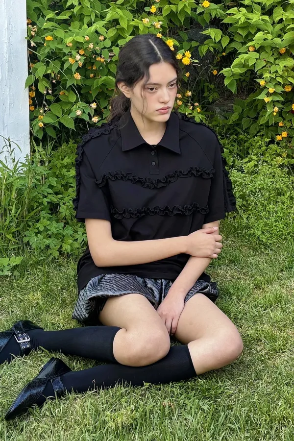 RUFFLE PIQUE SHIRT (BLACK)