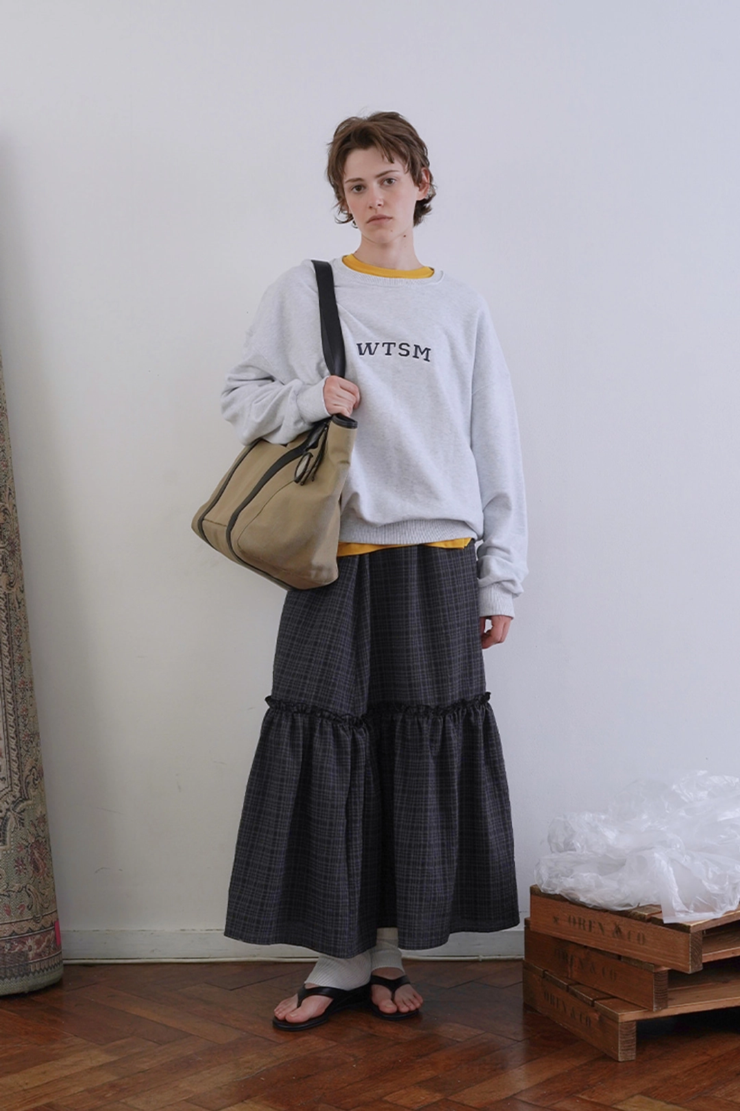 위드아웃썸머 Gather check shirring skirt_navy 상품 이미지 2