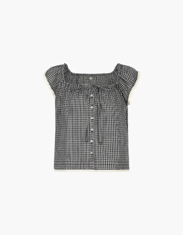 check shirring sleeveless blouse - navy