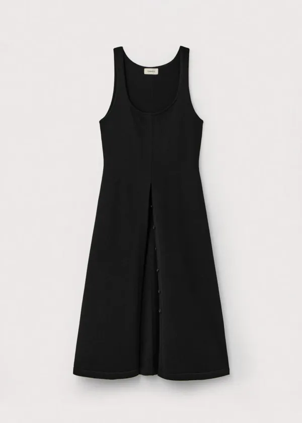 Elastic cotton buttoned slit dress_Black