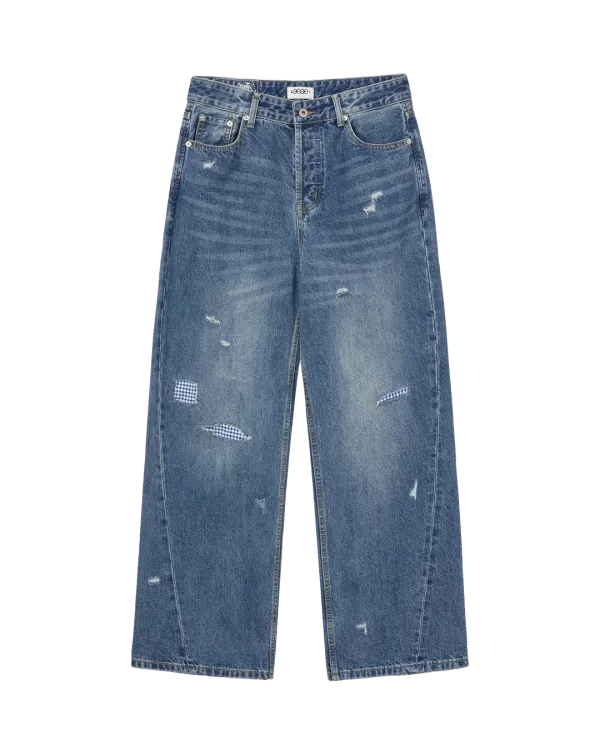 CHECK PATCHWORK DENIM PANTS [MID BLUE]