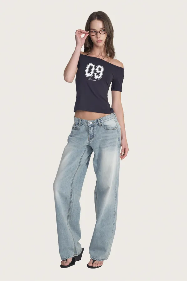 09 Numbering slim off-shoulder top, Navy