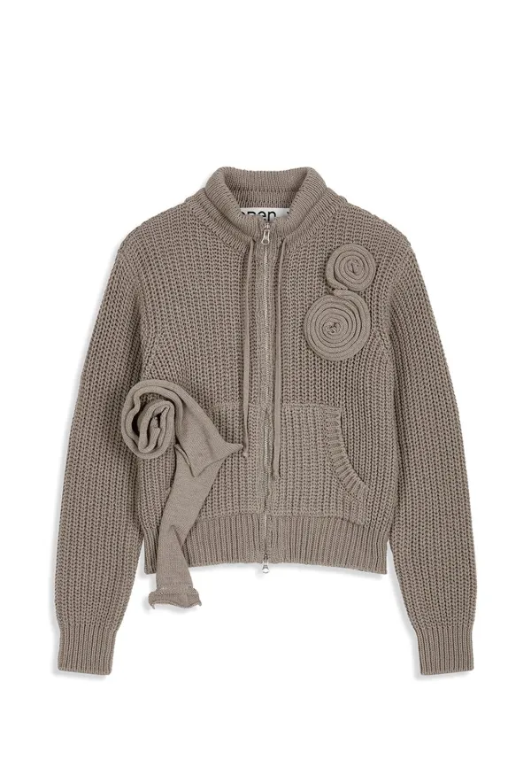 APPLIQUÉ KNIT ZIPUP JACKET, KHAKI