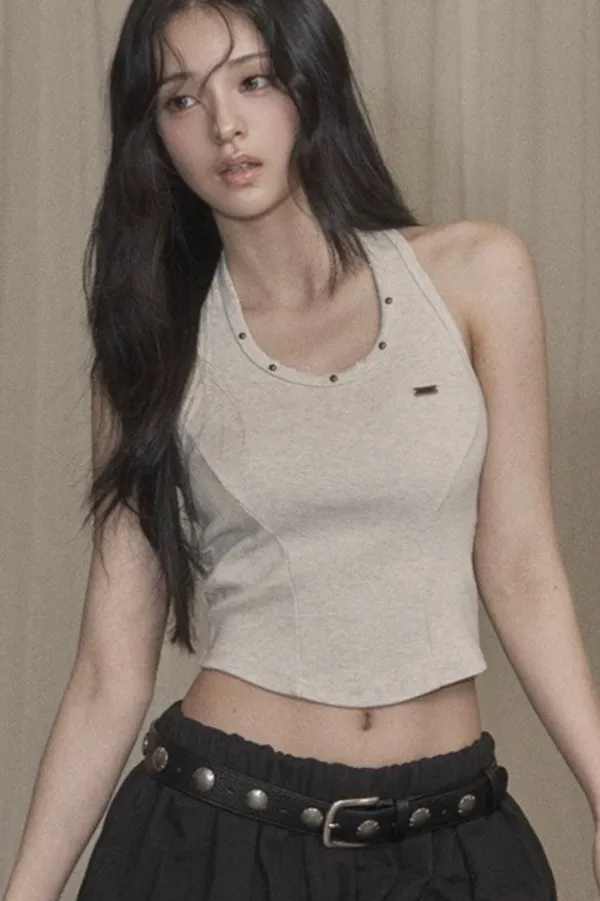 Damage Stud Halter Top (beige)