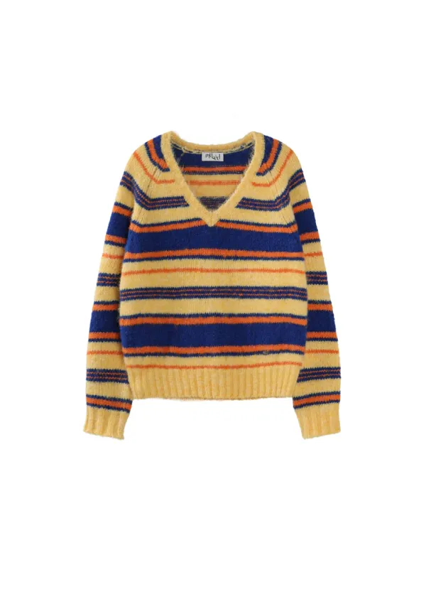 Mused Fluffy V-neck Pullover - Yellow Stripe