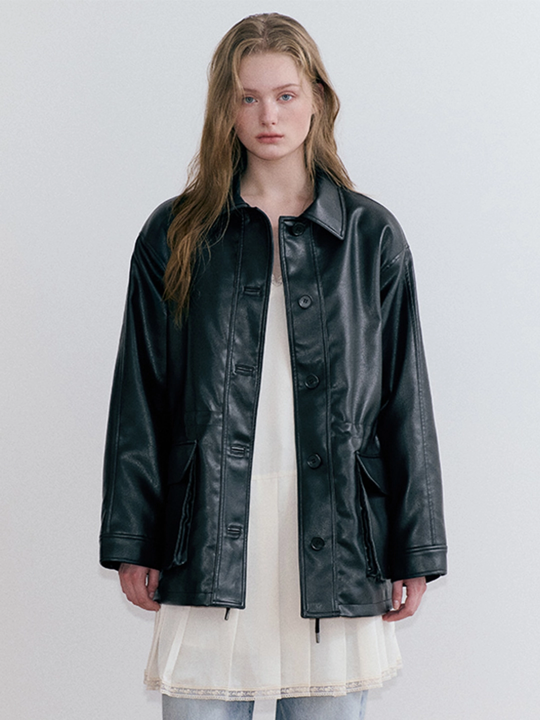 에트몽 Faux Leather Drawstring Jacket, Black 상품 이미지 1