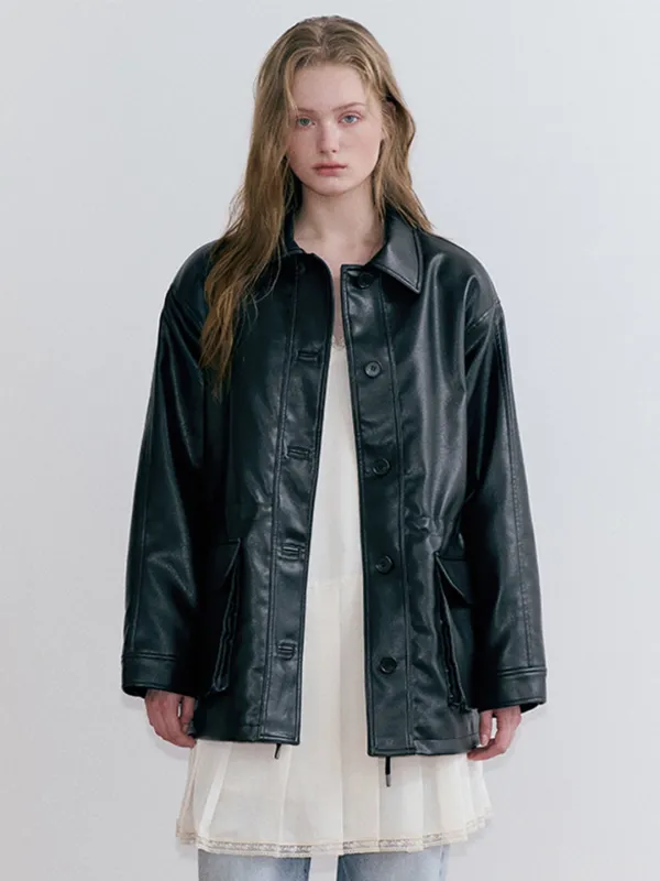 Faux Leather Drawstring Jacket, Black