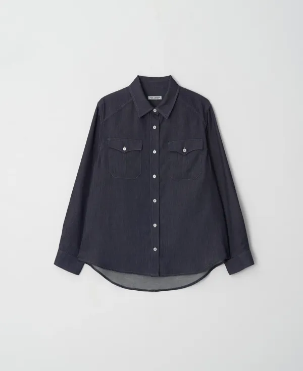 Sheer Denim Western Loose fit Shirt_DEEP BLUE