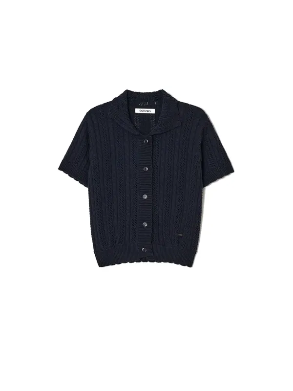 Crop Collar Cable Cardigan Navy