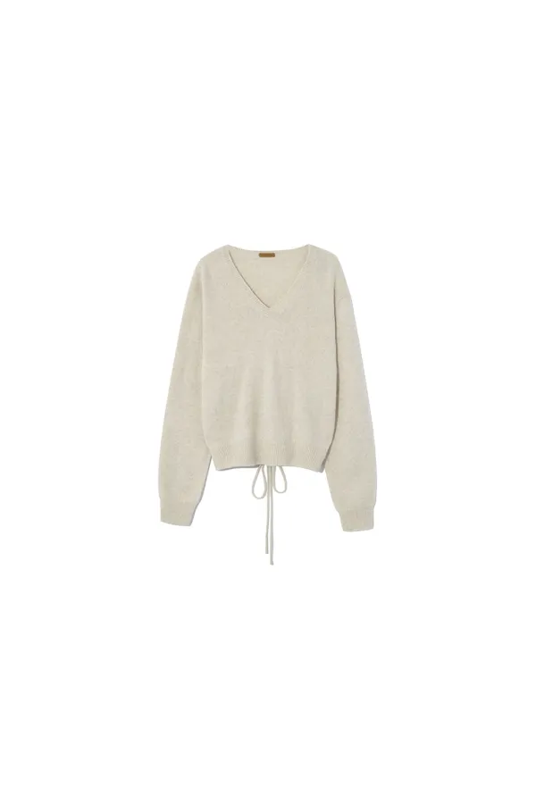 SOFT ALPACA BLEND TIE V-NECK KNIT TOP [OATMEAL]