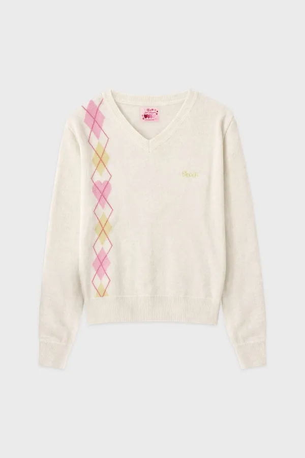 Pink X Sinoon Argyle V-Neck Knit (Ivory)