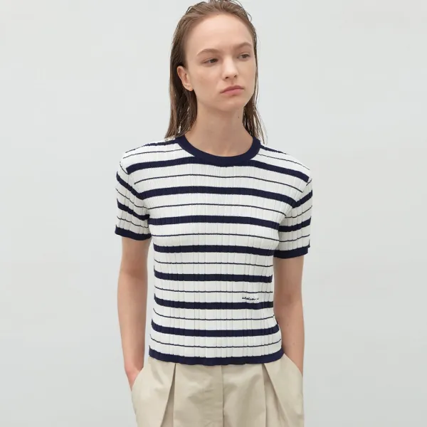 (T-7068)PIE STRIPE ROUND NECK KNIT