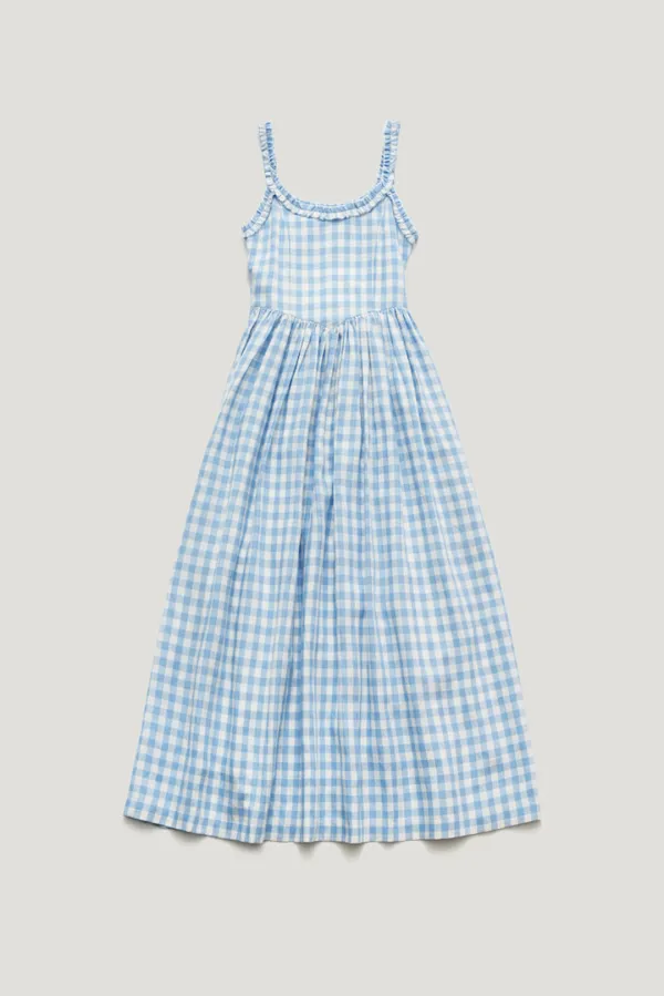 ORUN LINEN FRILL TIE CHECK DRESS_CLOUD BLUE / ₩249,000  ->  ₩224,100 (10%)