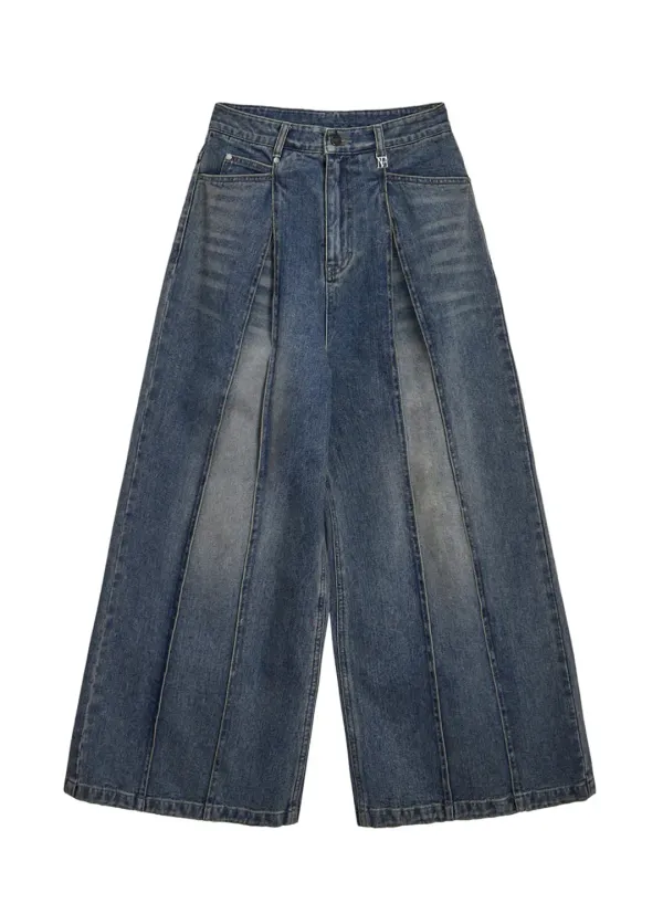 Structured Pin-Tuck Denim Pants [ Blue ]