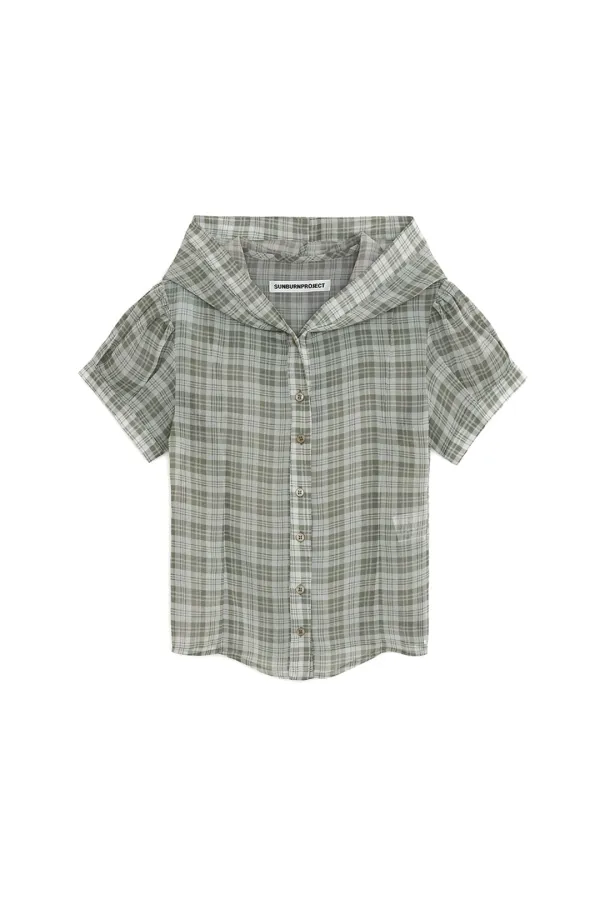 SHEER CHECK HOODIE BLOUSE, KHAKI