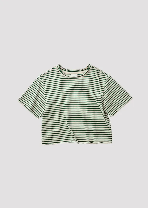 ROUGH CROP T SHIRT FLAT LOVE GREEN STRIPE