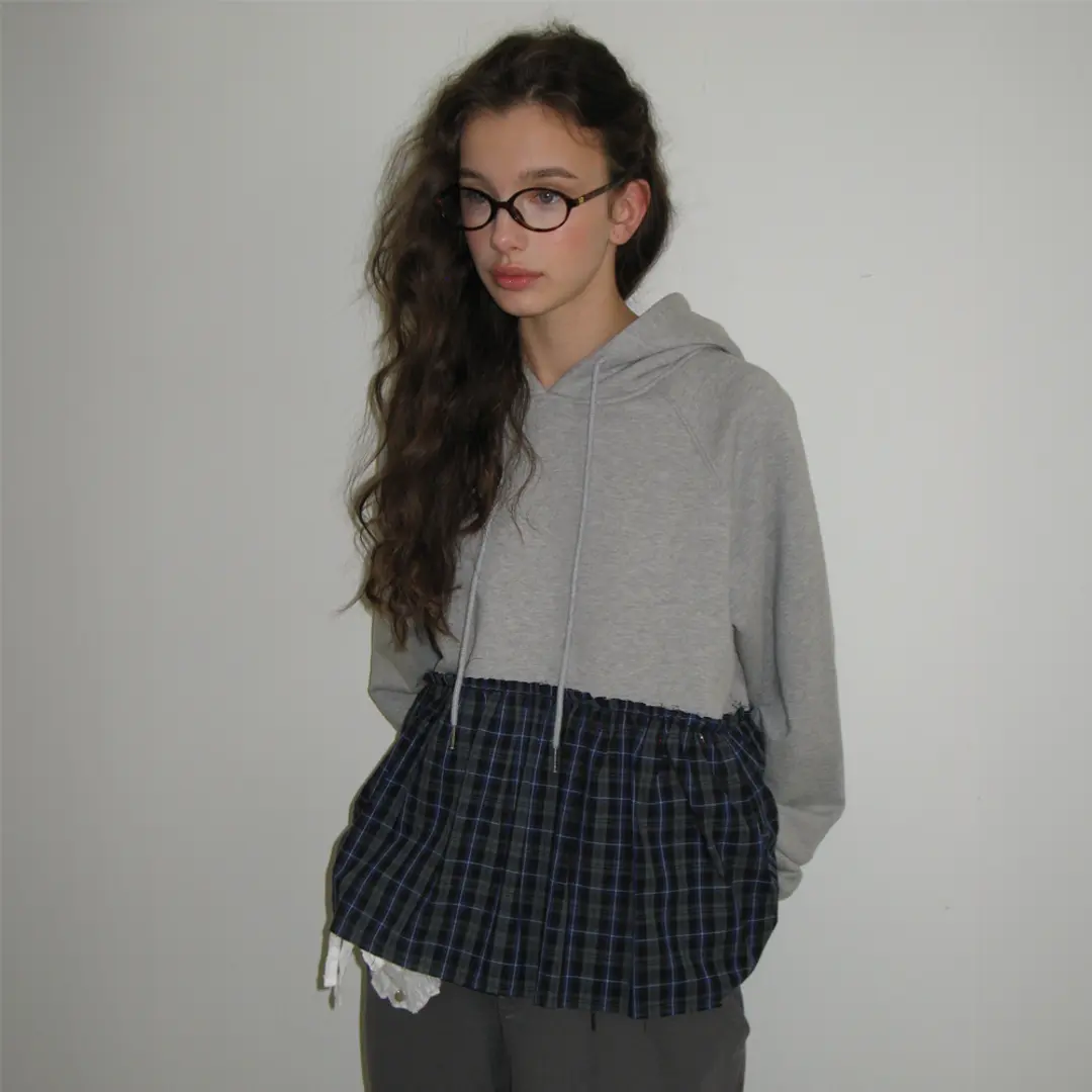 론론 PENDANT CHECK CANCAN FRILL HOODIE GREY 상품 이미지 2