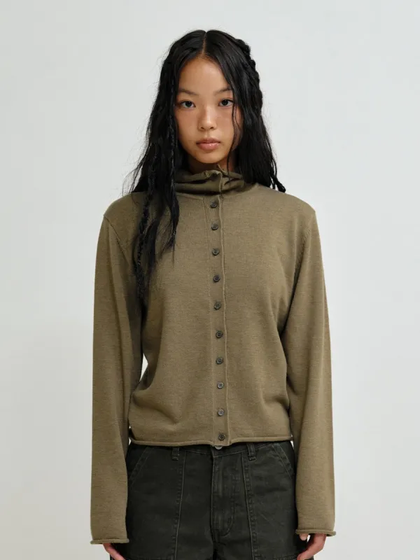 [PLZPROJECT] MOCK NECK BUTTON CARDIGAN, TAUPE