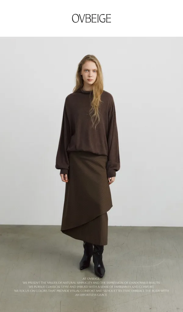 SLANT DRAPE STRIPE SKIRT_BROWN
