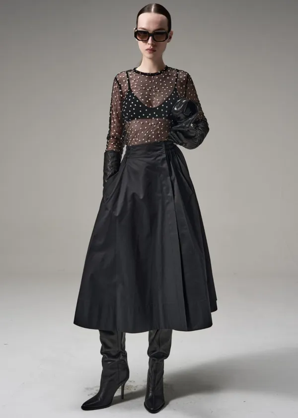 W FULL FLARED MIDI SKIRT - BLACK