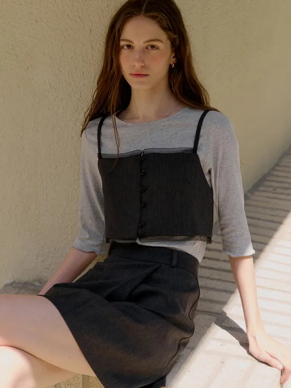 comos 1443 (set) organza detail bustier (charcoal)+pleated wrap mini skirt (charcoal)