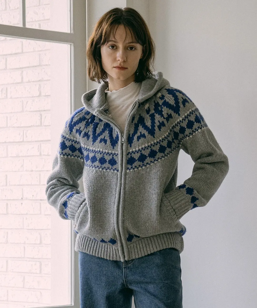반원 아뜰리에 KN4242 Nordic knit hood zip-up_Gray 상품 이미지 2