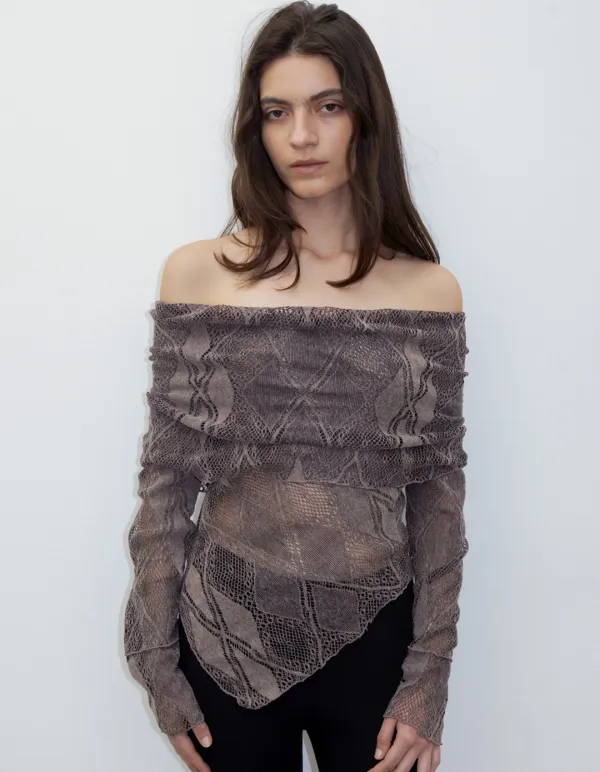 ARGYLE LACE OFF-SHOULDER SWEATER, ASH BROWN