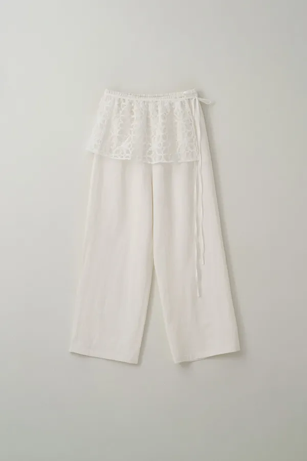 relaxed banding linen pants with layered skirt_white