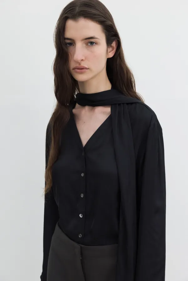Scarf Detail V-Neck Cardigan (Ivory / Black)