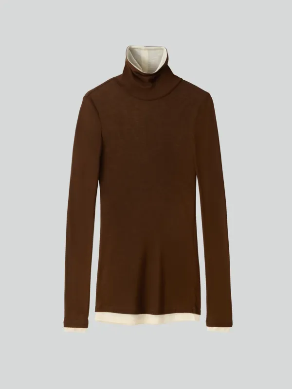 CONTRAST WOOL JERSEY TURTLENECK (BROWN)