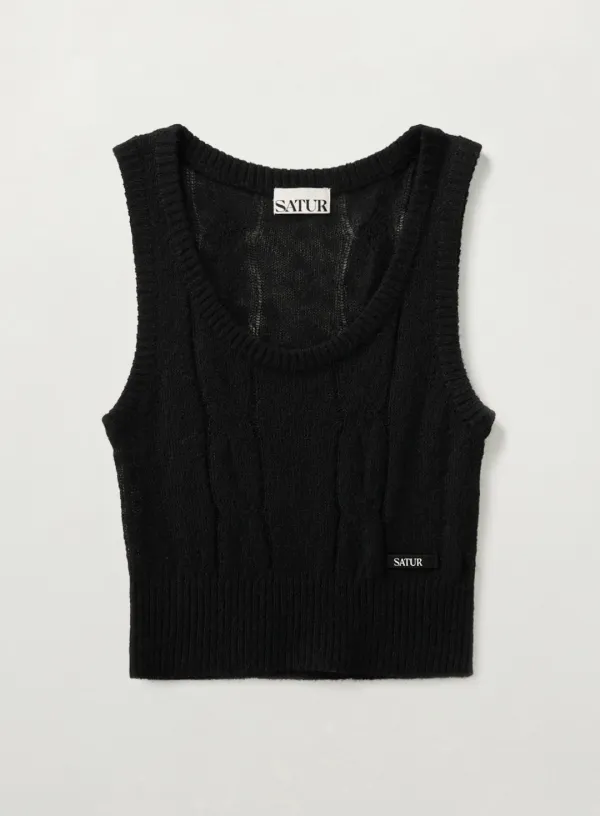 (W) Mohair Crop Knit Vest - Black