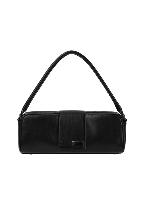 Square Flap Leather Shoulder Bag [ Black ]