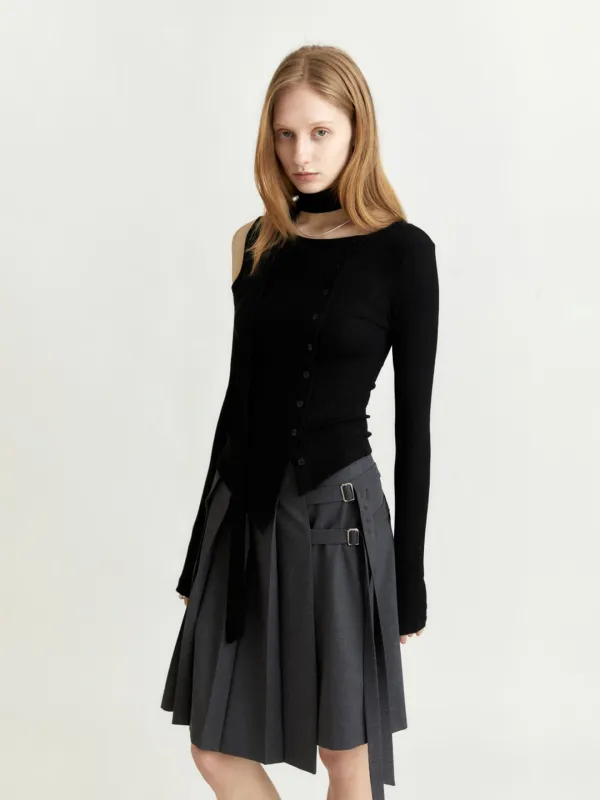 [6th] VIENNE Unbalanced Cut-Out Detail Knitted Cardigan_Black