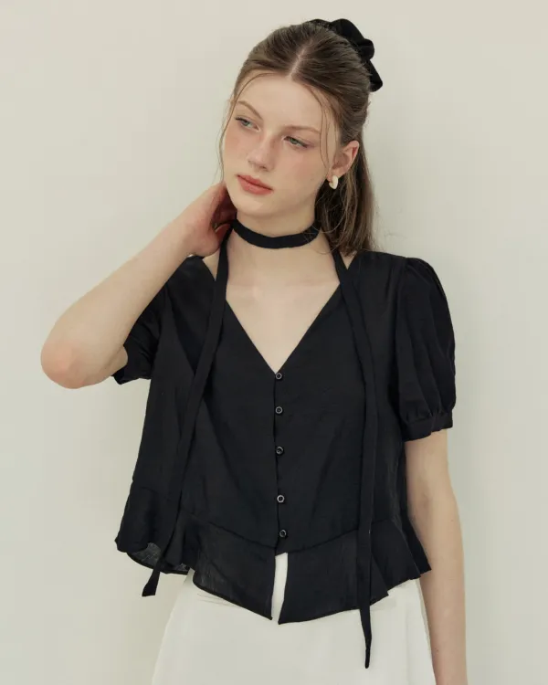 Sheer tie deep v neck blouse - black